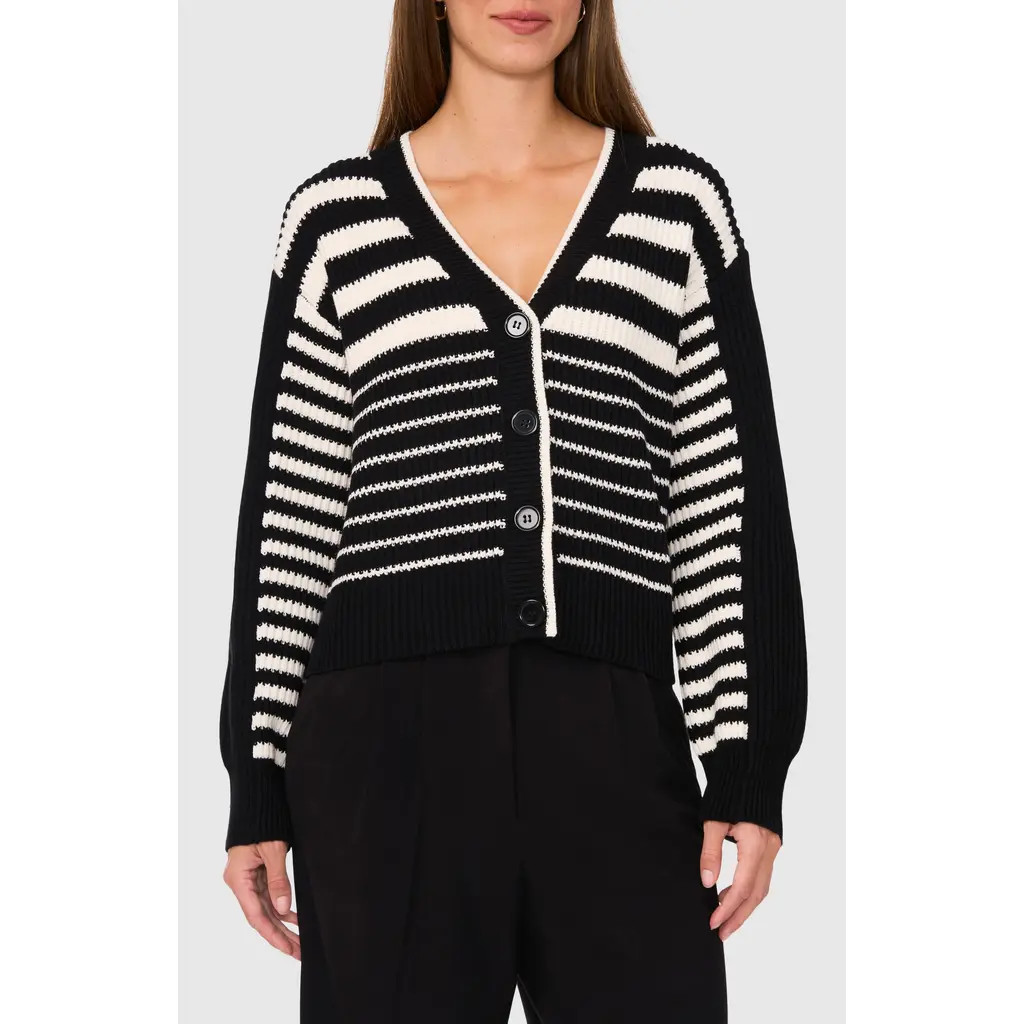 halogen(r) Variegated Stripe Cotton Blend Cardigan in Rich Black Stripes at Nordstrom, Size Xx-Small | Nordstrom
