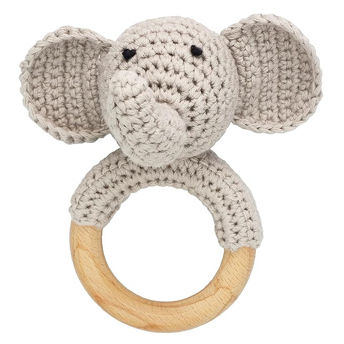 Joliecraft Woodland Friends Baby Rattle Shaker Toy with Wooden Teething Ring Gray Elephant | Amazon (US)