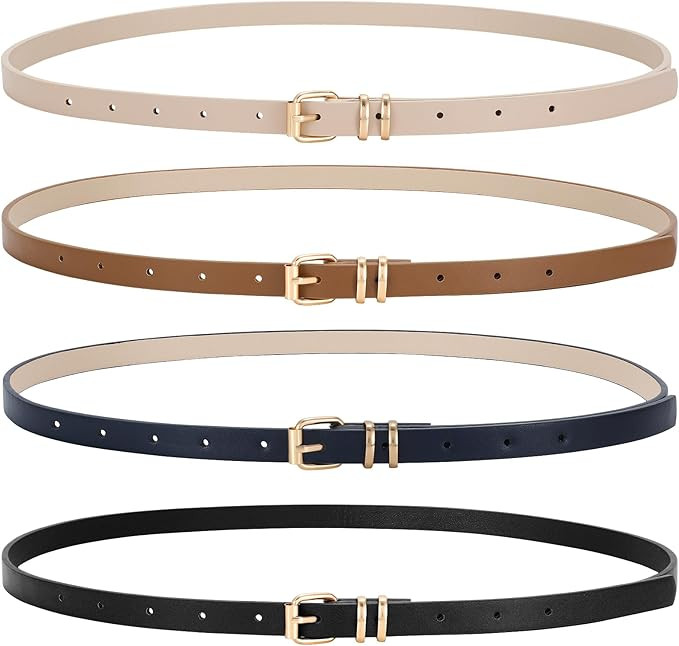 LEACOOLKEY 4 Pack Women Skinny Leather Belts for Dress with Gold Buckle Ladies Thin Waist Belt fo... | Amazon (US)