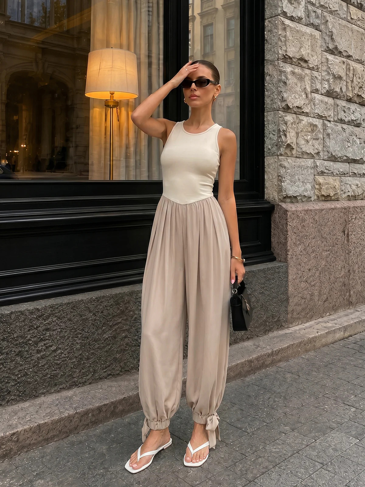 Two-Tone Sleeveless Tie Cuff Balloon Jumpsuit | Commense
