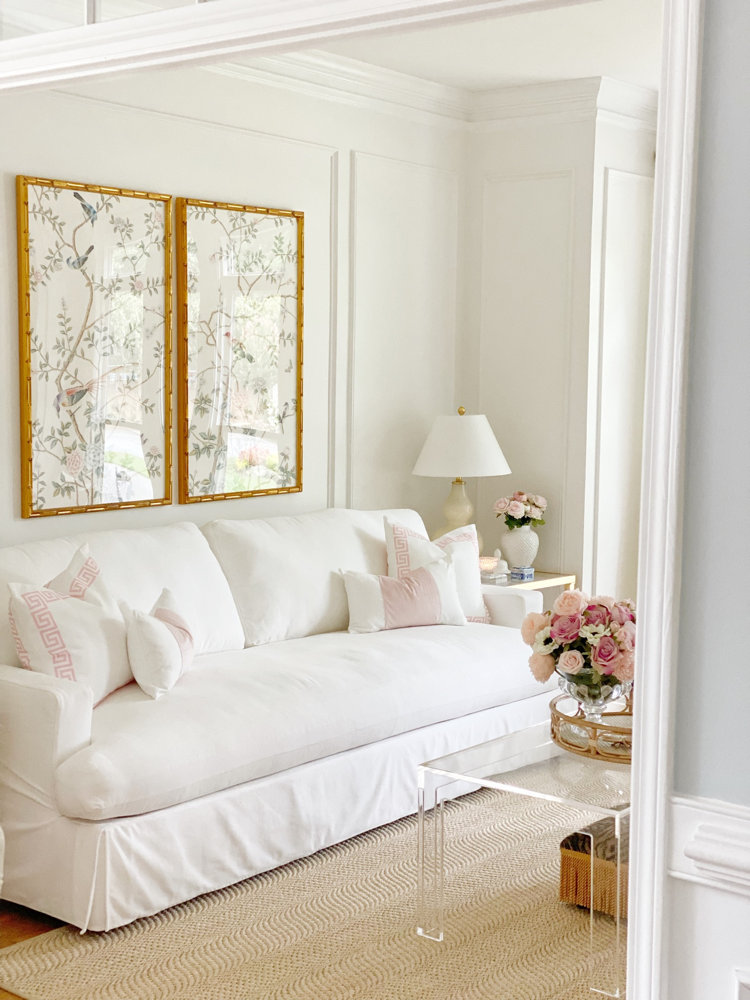 Sitting room, formal living room, keeping room, sisal area rug, acrylic coffee table, chinoiserie hand painted wall panels, slipcovered sofa, throw pillows, pink, glam, traditional, grand millennial, Ballard designs, amazon home find, Etsy, 

#LTKhome #LTKFind