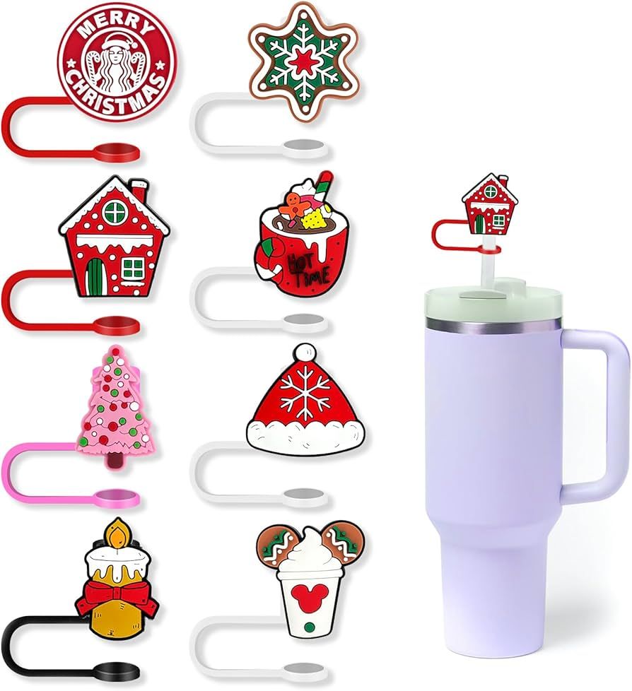 8Pcs Christmas Straw Cover Cup for Stanley Tumbler Cup, 10mm Santa Claus Drinking Straw Topper, R... | Amazon (US)