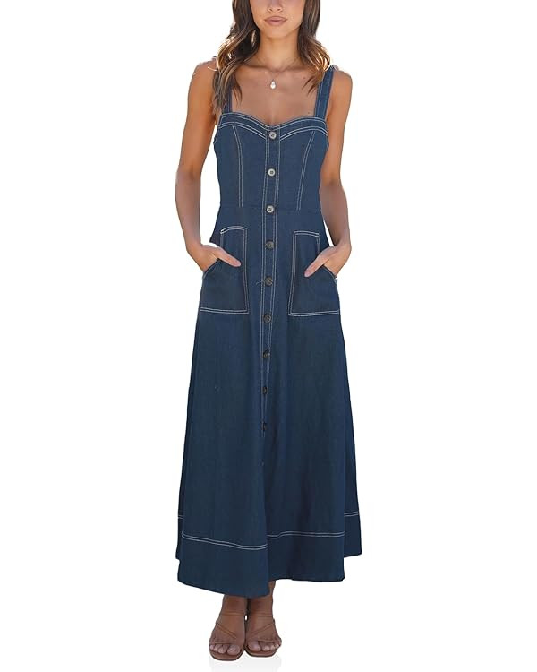 Fisoew Women's Long Denim Dress Sleeveless Adjustable Straps Stretch A Line Maxi Dress with Pocke... | Amazon (US)