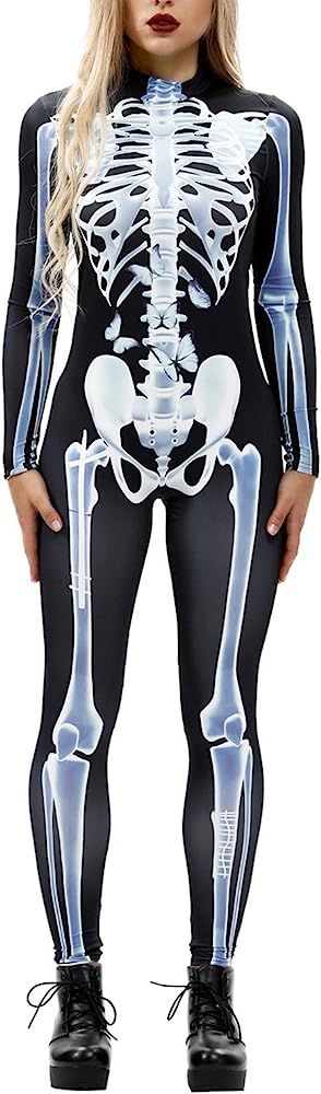 Fixmatti Women Halloween Party Costume Skull Print Long Sleeve Jumpsuit Outfit | Amazon (US)