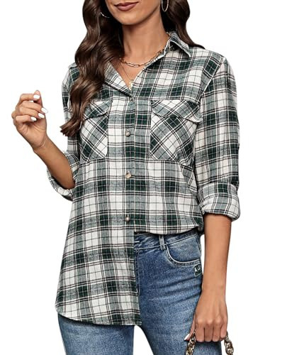 siliteelon Women's Plaid Shirt Flannel Shirts Long Sleeve Button Down Roll Up Cotton Oversized Cuffed Blouse Tops White Green Plaid Small | Amazon (US)