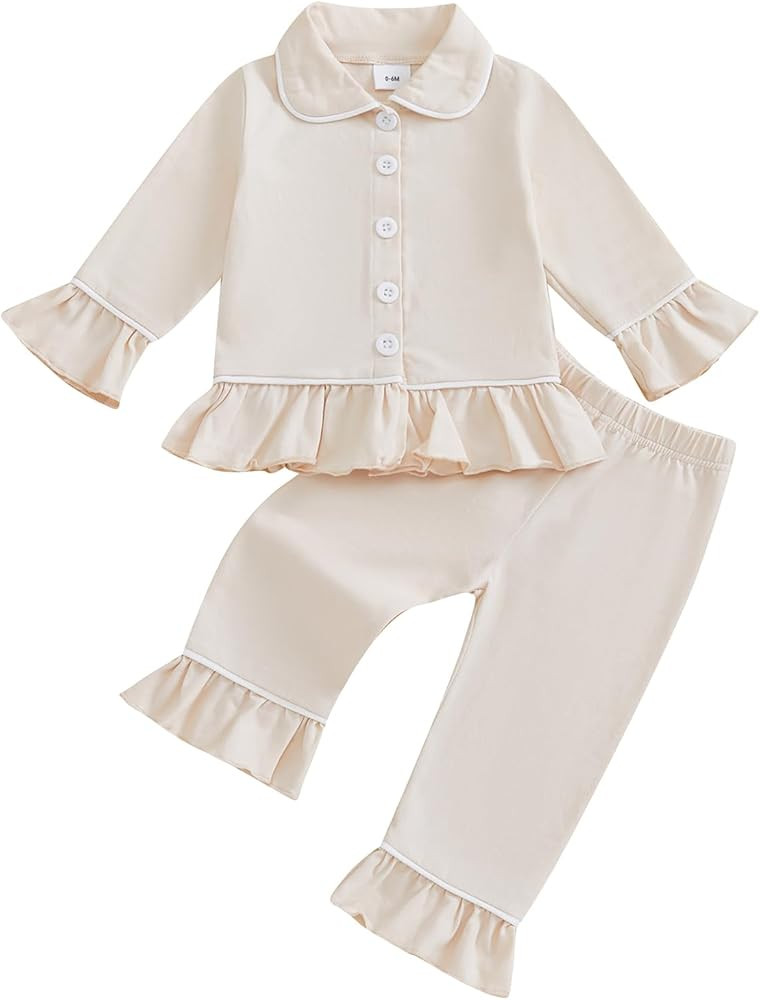 fhutpw Toddler Kids Baby Girl Pajamas Set Solid Color Ruffle Long Sleeve Button Shirt Top Pants C... | Amazon (US)