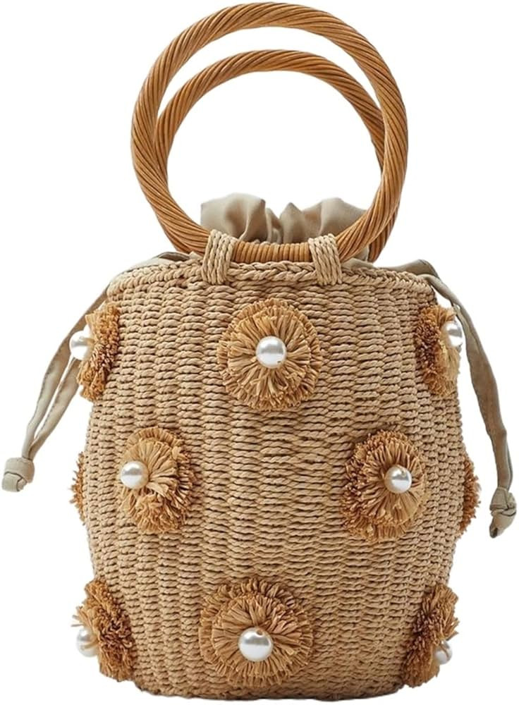 Aetygh Borsa Tote da Donna in Paglia Borsa Rotonda con Coulisse in Treccia Perla Summer Beach Tot... | Amazon (IT)