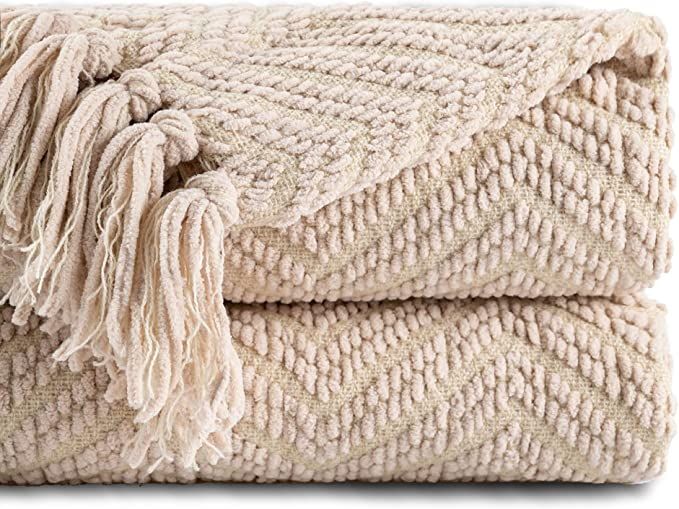 BATTILO HOME Beige Throw Blanket for Couch, Textured Knitted Throw Blanket with Tassels, Couch Co... | Amazon (US)