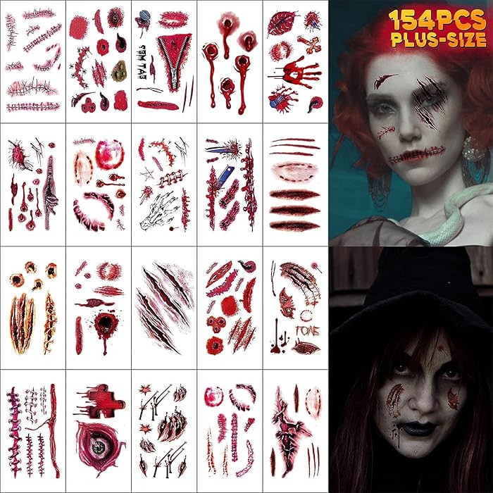 154 PCS Halloween Scar Temporary Tattoos - Horror Zombie Makeup Realistic Fake Bloody Wound Stitc... | Amazon (US)