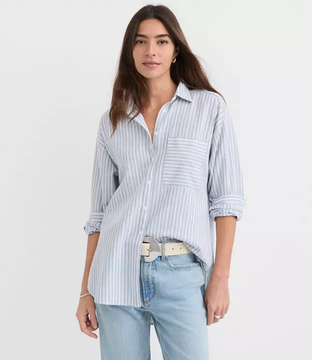 Striped Linen Cotton Everyday Oversized Pocket Shirt | LOFT