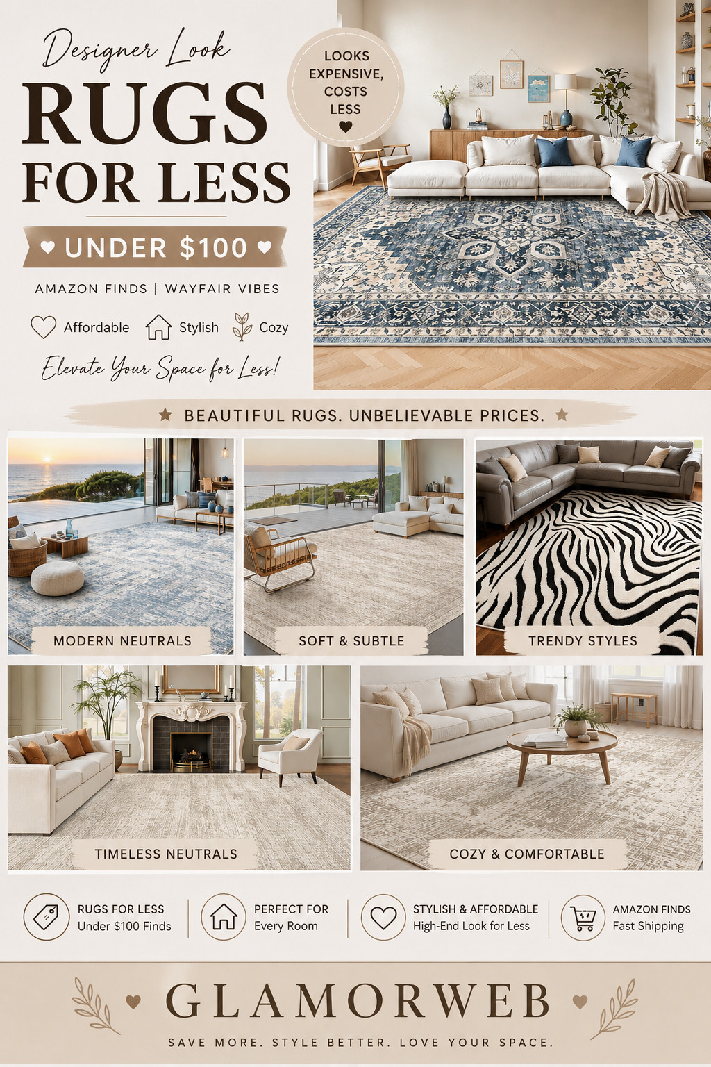 If you want that clean, minimal, Pinterest-worthy home… start with a rug. These Amazon finds under $100 bring warmth, texture, and that effortless neutral aesthetic that pulls everything together ✨ Your space, but upgraded.
#AmazonHomeFinds #NeutralRugs #RugInspo #Under100Finds #LivingRoomDecor #BedroomDecor #HomeGoals #LTKHome #LTKStyle #MinimalHome #CozyVibes #InteriorDecor #AffordableHome #AmazonDecor #HomeUpgrade 

 #LTKSeasonal #LTKHome #LTKSaleAlert