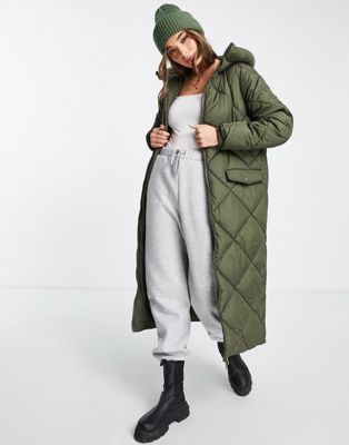 New Look quilted longline puffer coat in khaki | ASOS (Global)