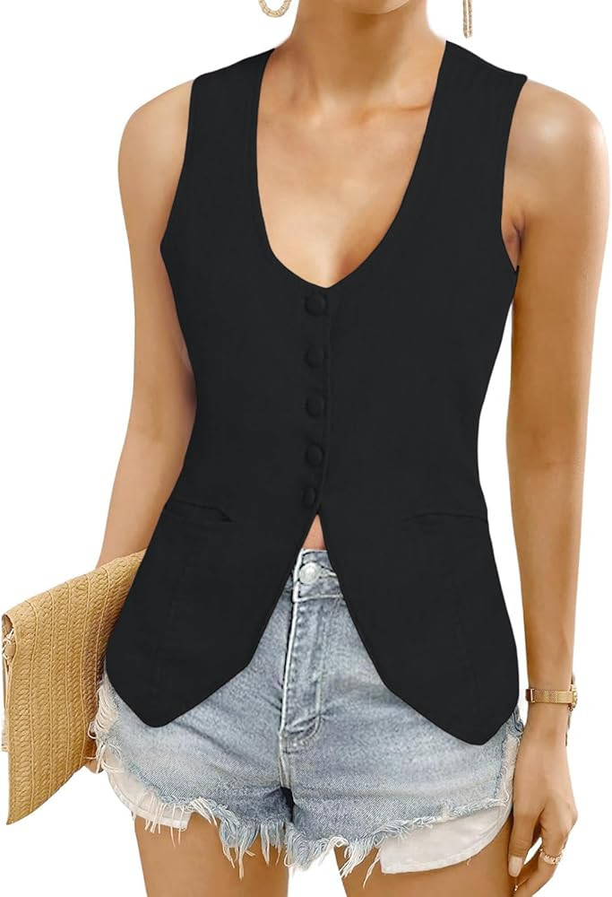 Womens Vest Top Trendy V Neck Summer Sleeveless Blazer Vest Waistcoat Linen Cotton Tank Tops 2025 | Amazon (US)