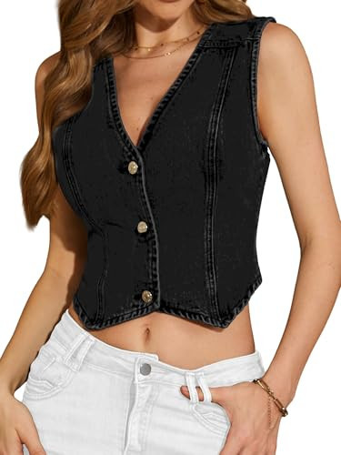 ELLEVEN Denim Vest Women Sleeveless Crop Jean Vest Top for Womens Y2K Denim Jacket V Neck Button Down Summer Country Western Outfit Jean Waistcoat Black Small | Amazon (US)
