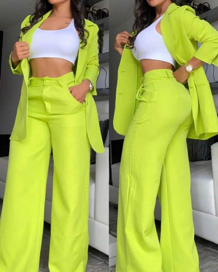 Women's Blazer And Wide Leg Pants Set, Open-Front Jacket With High-Waist Trousers, Formal Casual Style For Office And Meetings | SHEIN