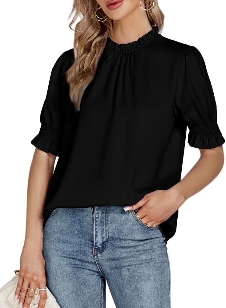 LYANER Women's Frill Mock Neck Pletaed Puff Short Sleeve Chiffon Blouse Shirt Top | Amazon (US)