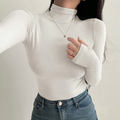 Women High Neck Long Sleeve Basic T-Shirt, Beige, Spring/Summer/Autumn | SHEIN