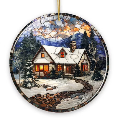 Elegant Rustic Winter Cabin Stained Glass Themed Ceramic Christmas Ornament, Vintage Tree Decoration, Version 1 | Target