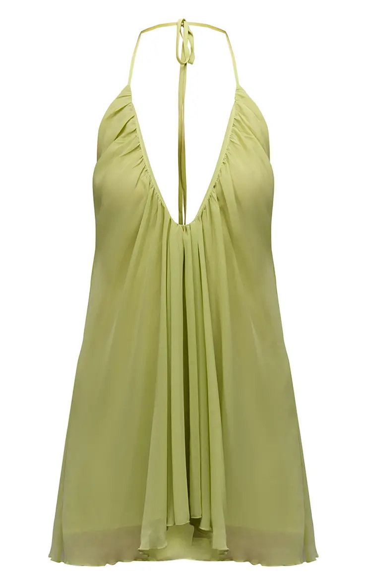 Lime Chiffon Plunge Halterneck Low Back Mini Dress | PrettyLittleThing UK