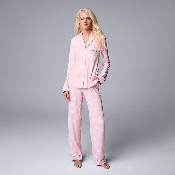 Women's Simply Vera Vera Wang Basic Luxury ¾ Sleeve Pajama Shirt & Pants Sleep Set | Kohl's