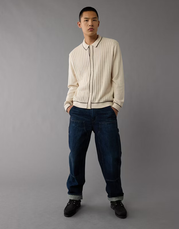 AE Long-Sleeve Tipped Sweater Polo Shirt | American Eagle Outfitters (US & CA)