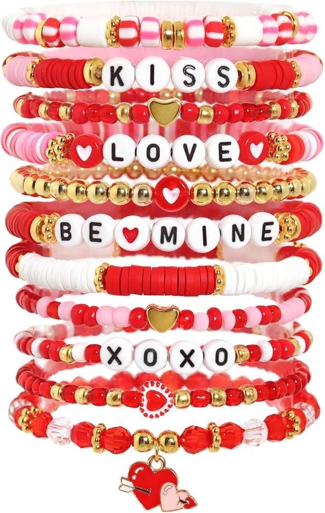 Valentine Bracelets Gift for Women, 11PCS Handmade Clay Bead Letter Bracelets, Love Heart Stretch... | Amazon (US)