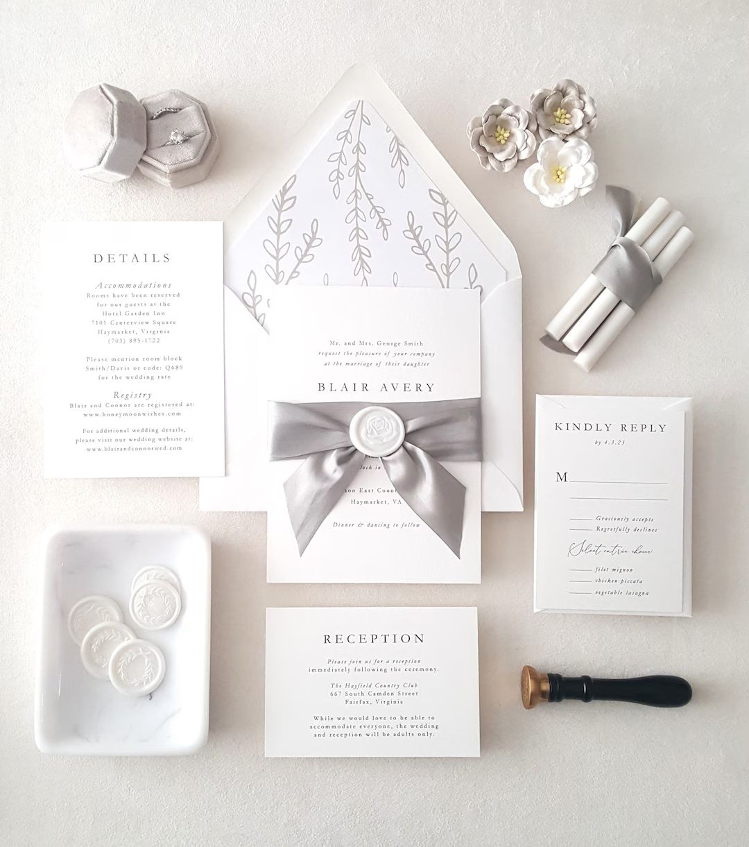 Silver Wedding Invitation Suite Gray Ribbon White Wax Seal - Etsy | Etsy (US)