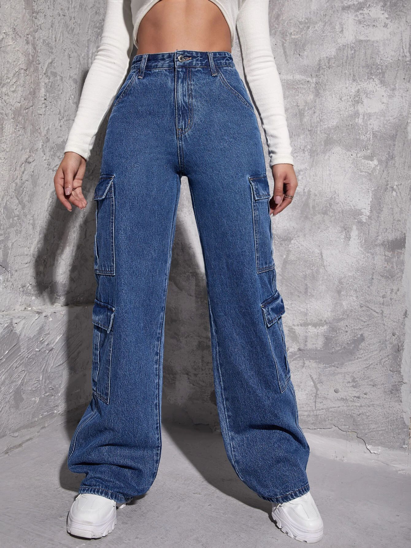 Zipper Fly Flap Pocket Cargo Jeans | SHEIN