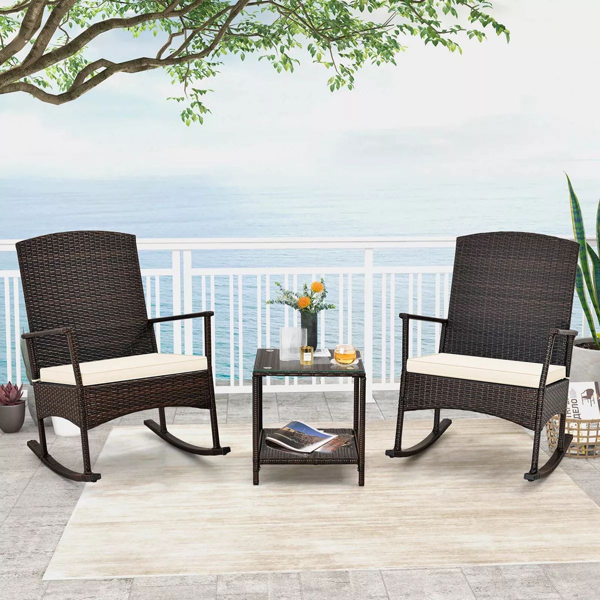 Costway 3 Piece Patio Rocking Set Wicker Rocking Chairs with 2-Tier Coffee Table Off White | Target