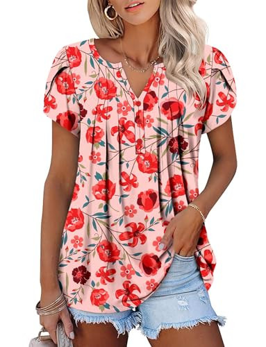 ONLYSHE Womens Tops Petal Sleeve Shirts V Neck Summer Button Down Blouse Ladies Tunic Tops Flowy Floral Shirts PinkRed S | Amazon (US)