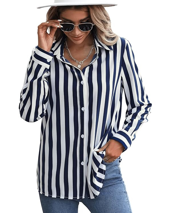 SweatyRocks Women's Casual Long Sleeve Striped Button Front Collared Blouse Shirt | Amazon (US)