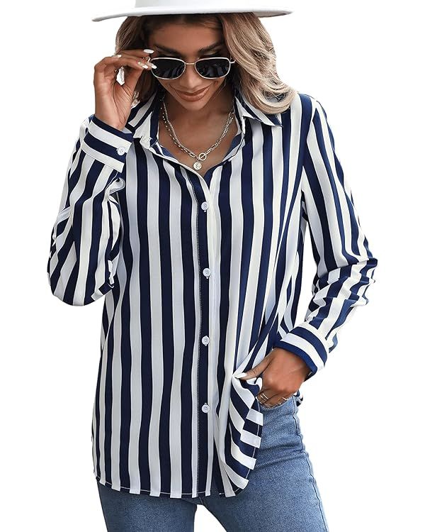 SweatyRocks Women's Casual Long Sleeve Striped Button Front Collared Blouse Shirt | Amazon (US)