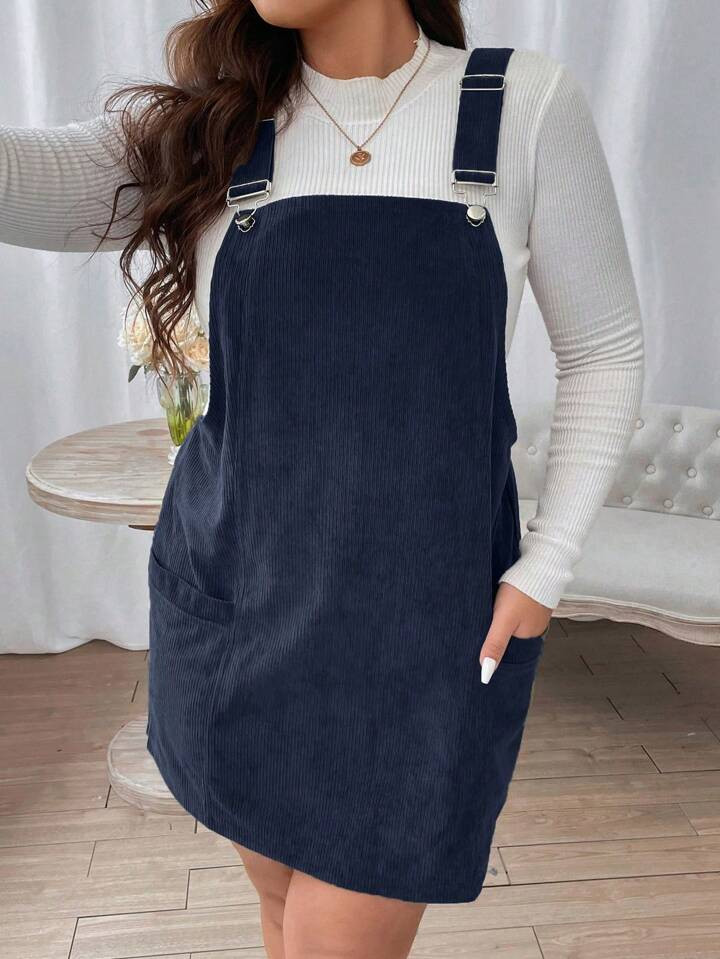 SHEIN EZwear Plus Dual Pocket Corduroy Overall Dress Without Tee | SHEIN