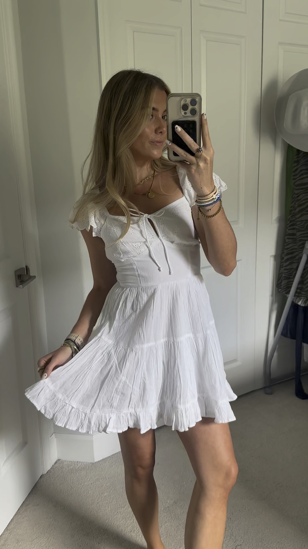 AE Flutter Sleeve Mini Dress. Wearing size XS. A super feminine, flouncy mini dress, featuring intricate flutter sleeve eyelet details. Features: Soft cotton fabric, Flutter sleeves with eyelet details, Tie neck, Corset bodice, Tiered skirt #AEpartner #AEjeans @americaneagle American Eagle. American Eagle outfitters. #springfashion #springstyle #summerstyle #summerfashion #tryonhaul #tryon #tryonwithme #trendyoutfits #trendyclothes #styleinspo #trending #currentfashiontrend #fashiontrends #2024trends 

#LTKsalealert #LTKfindsunder50 #LTKVideo