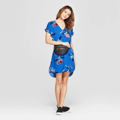 Women's Floral Print Short Sleeve V-Neck Crepe Dress - A New Day™ Blue | Target