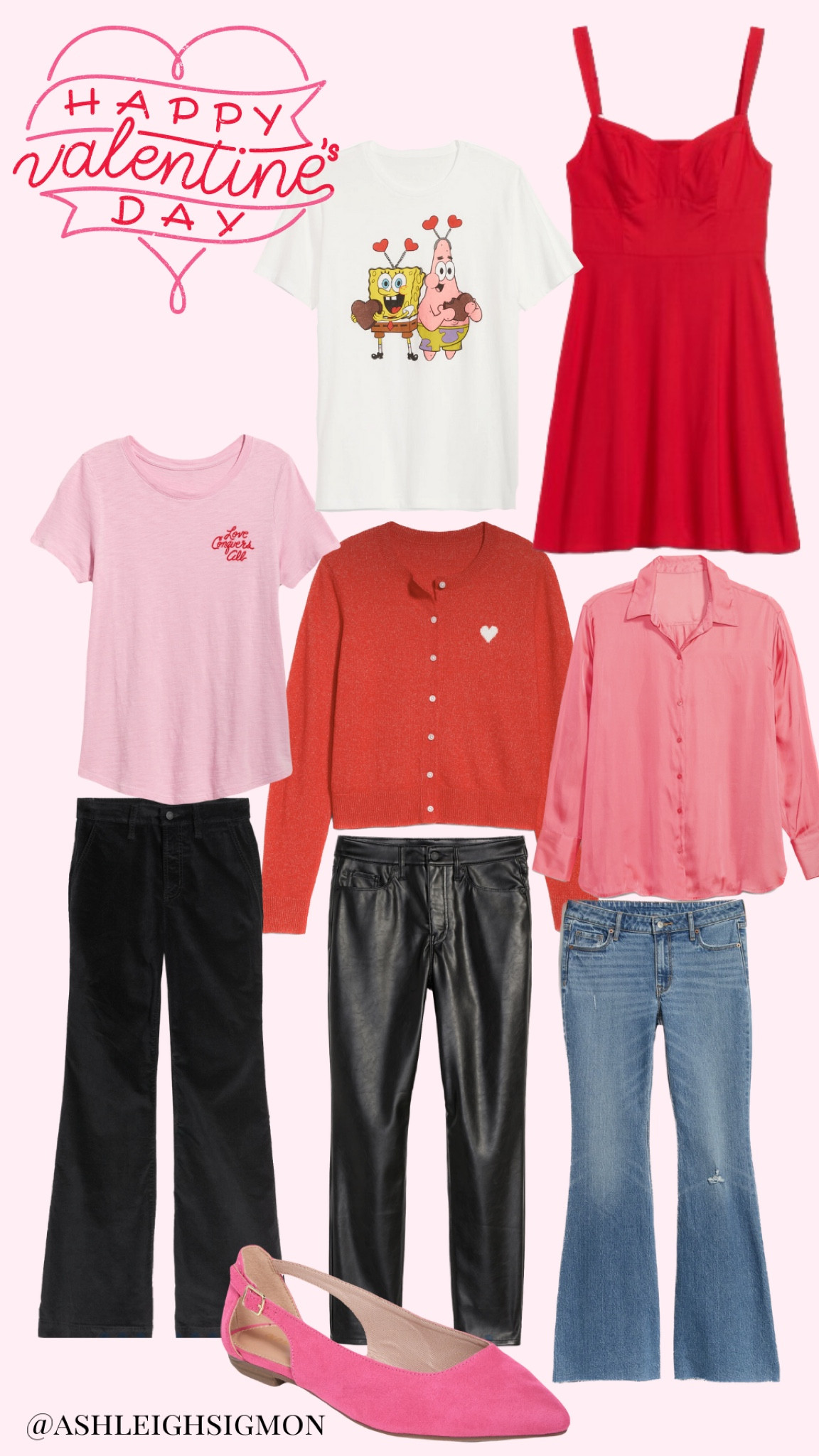 Valentine's Day 
Graphic tee
Pink red heart 
Velvet pants
Faux leather pants 
Flared jeans
Satin button up
Valentine's dress
Date night 


#LTKSeasonal #LTKstyletip