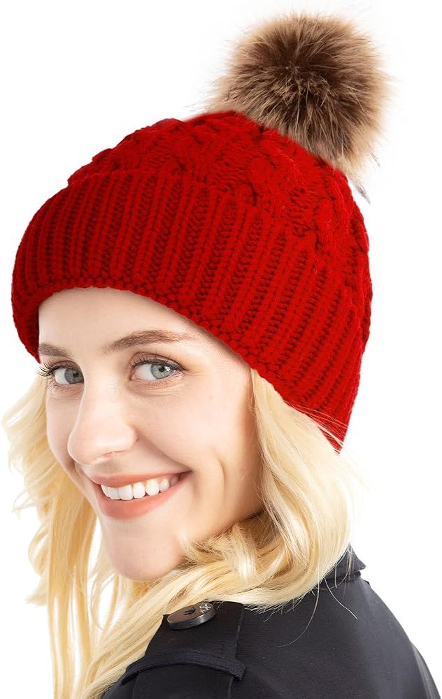 Simplicity Womens Winter Beanies Hand Knit Faux Fur Pompoms Beanie Hats | Amazon (US)