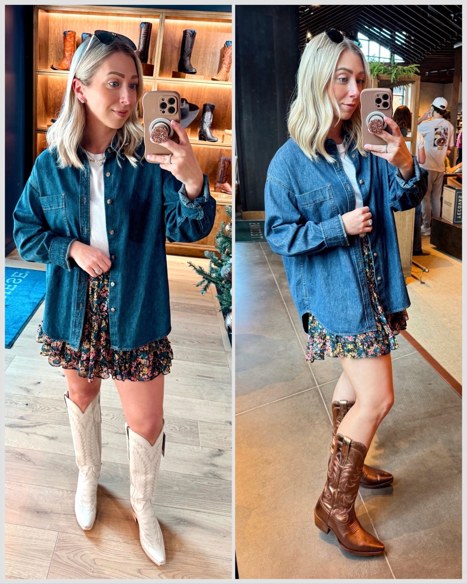 It’s been our Black Friday tradition (now 3 years running) to grab a new pair of boots for Michael for Christmas🎄but I of course had to try on a few pairs! 😉🫶🏻 We also didn’t realize they had a @lucchese store in Charlotte! Loved both of these! The right pair (their site is 20% OFF with code: EARLYBF )❤️ Shop them plus my outfit via the 🔗 in my bio! 💁🏼‍♀️

•Lucchese (left boots) size 7.5 wide calf 
•Tecovas Annie (right boot) size 7.5 regular calf
•Denim Shirt: Size XS (runs big) Dark Blue: Bleu In The Dark

Boots, Christmas shopping, aritzia, denim tops 

#LTKHoliday #LTKCyberWeek #LTKGiftGuide