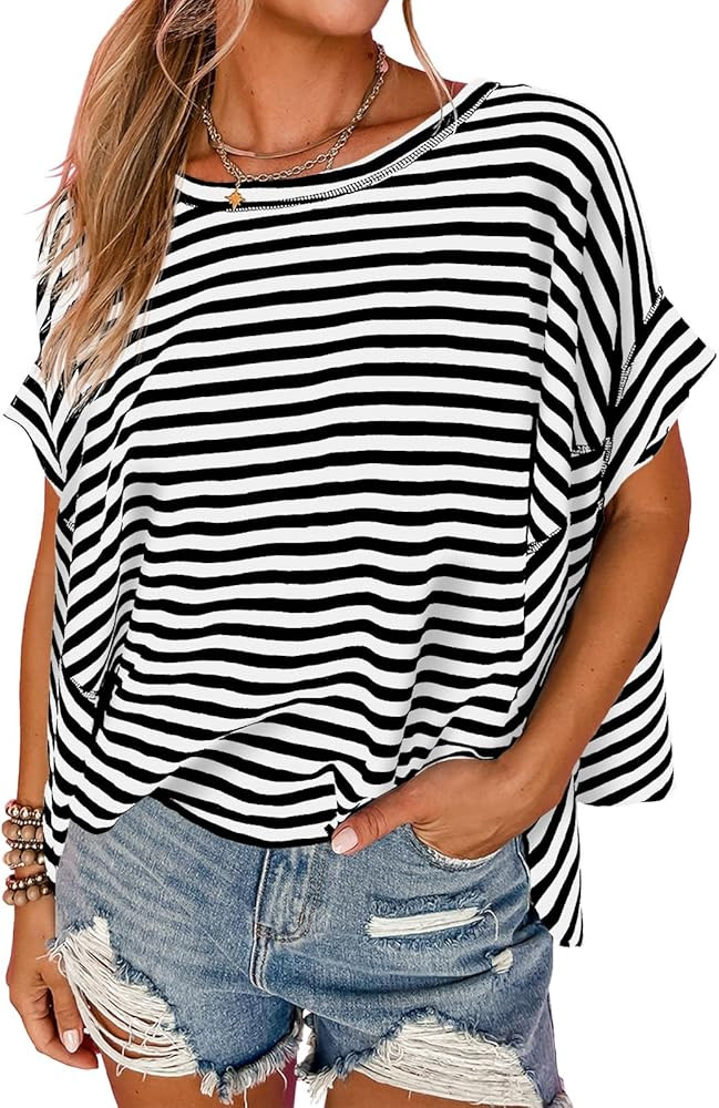 Tankaneo Womens Oversized Striped Tshirts Irregular Hem Batwing Short Sleeve Tops Summer Casual R... | Amazon (US)