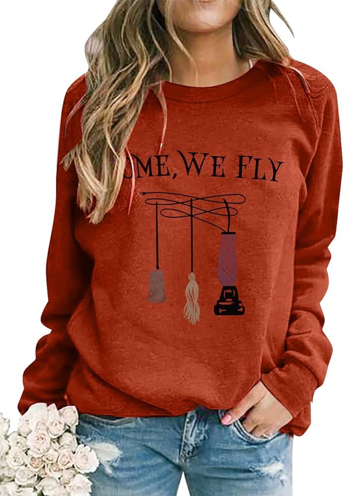 MYHALF Come We Fly Halloween Sweatshirt Women Hocus Pocus Shirt Letter Printed Graphic Witch Broo... | Amazon (US)