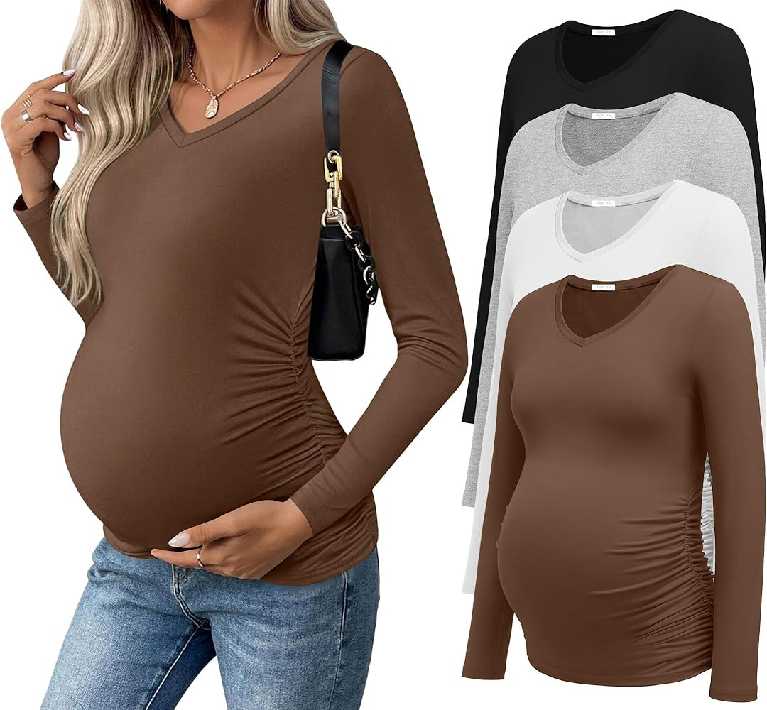 Ekouaer Womens Maternity Shirts Long Sleeve 4 Pack V Neck Side Ruched Pregnancy Tops Blouse Casua... | Amazon (US)