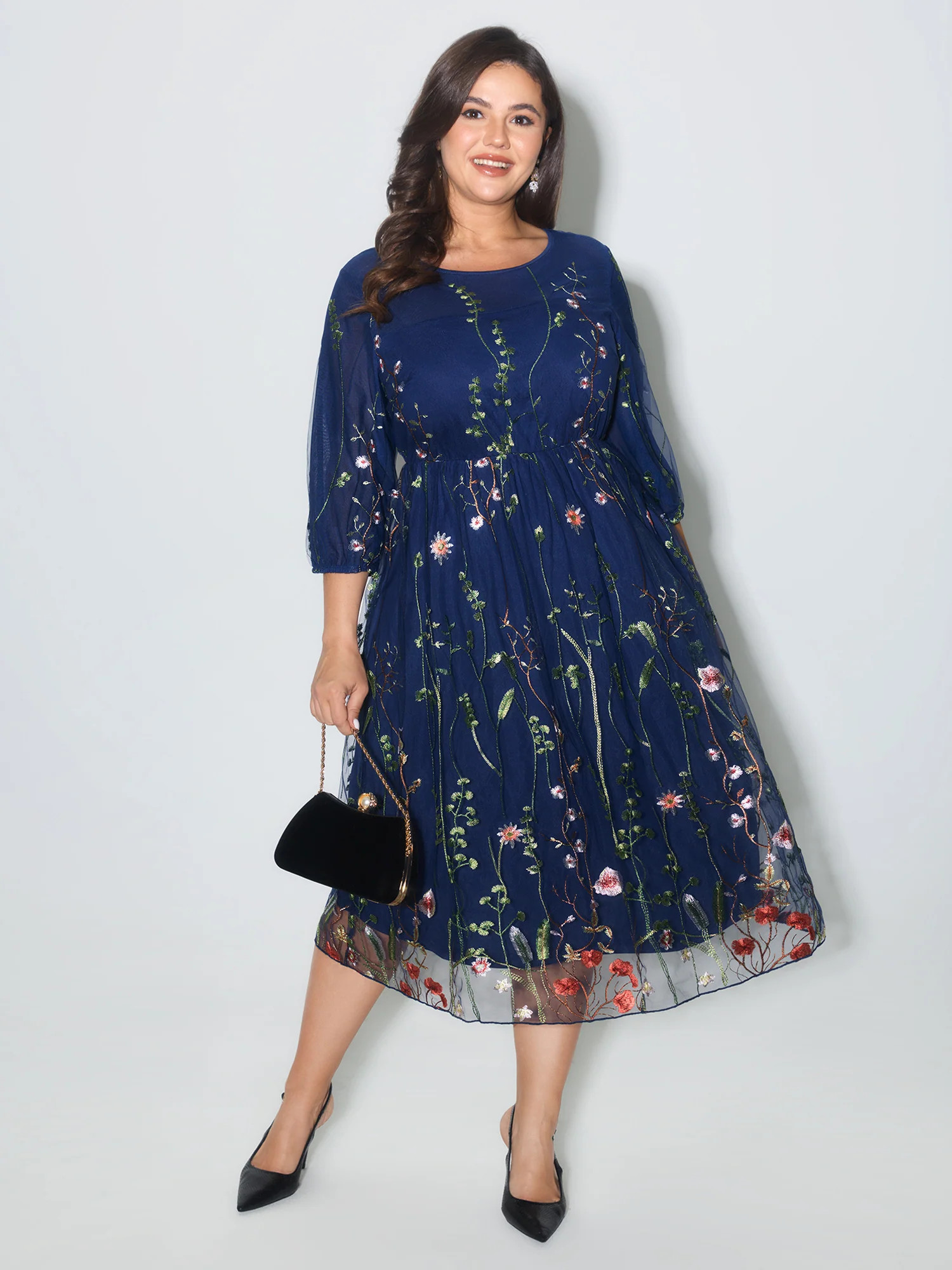 Floral Embroidered Elastic Waist Lined Midi Dress | Bloomchic