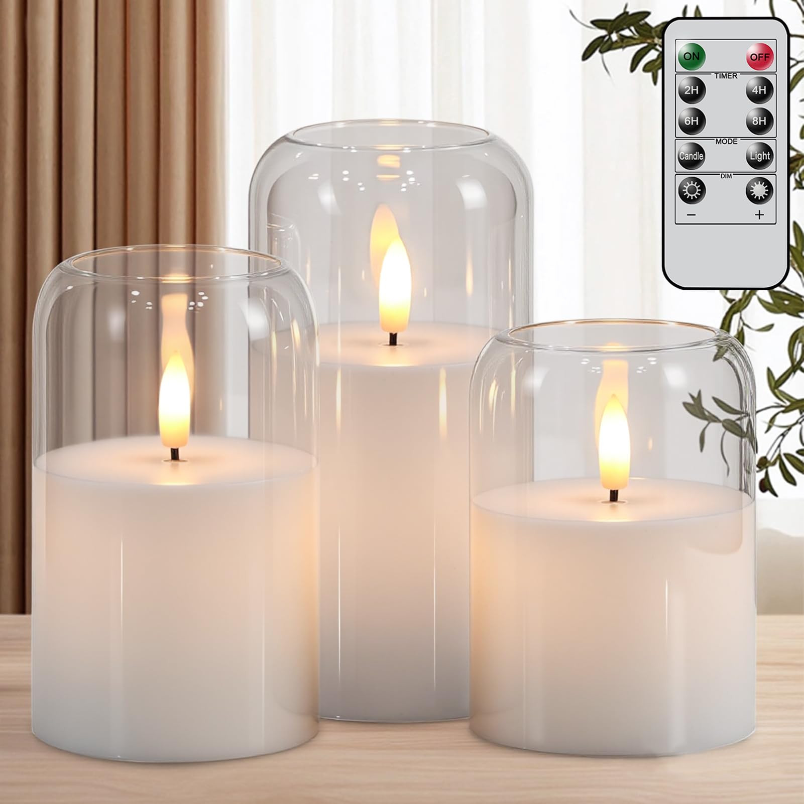 Glass Flameless Candles with Remote, Set of 3 Battery Operated Candles Flickering with Real Wax a... | Amazon (US)