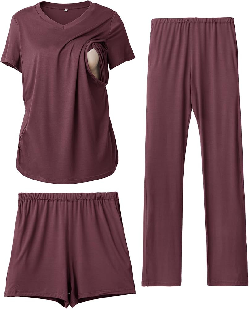 Rnxrbb 3 Piece Women's Maternity Nursing Pajamas Set V Neck Breastfeeding Pjs Sleepwear Postpartu... | Amazon (US)