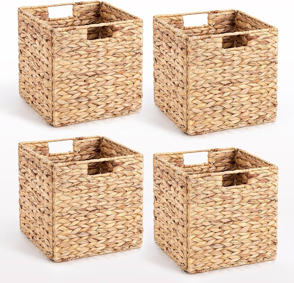 10.5 x 10.5in Wicker Storage Baskets, Cube Foldable Water Hyacinth Storage Baskets for 11 x 11 Cu... | Amazon (US)