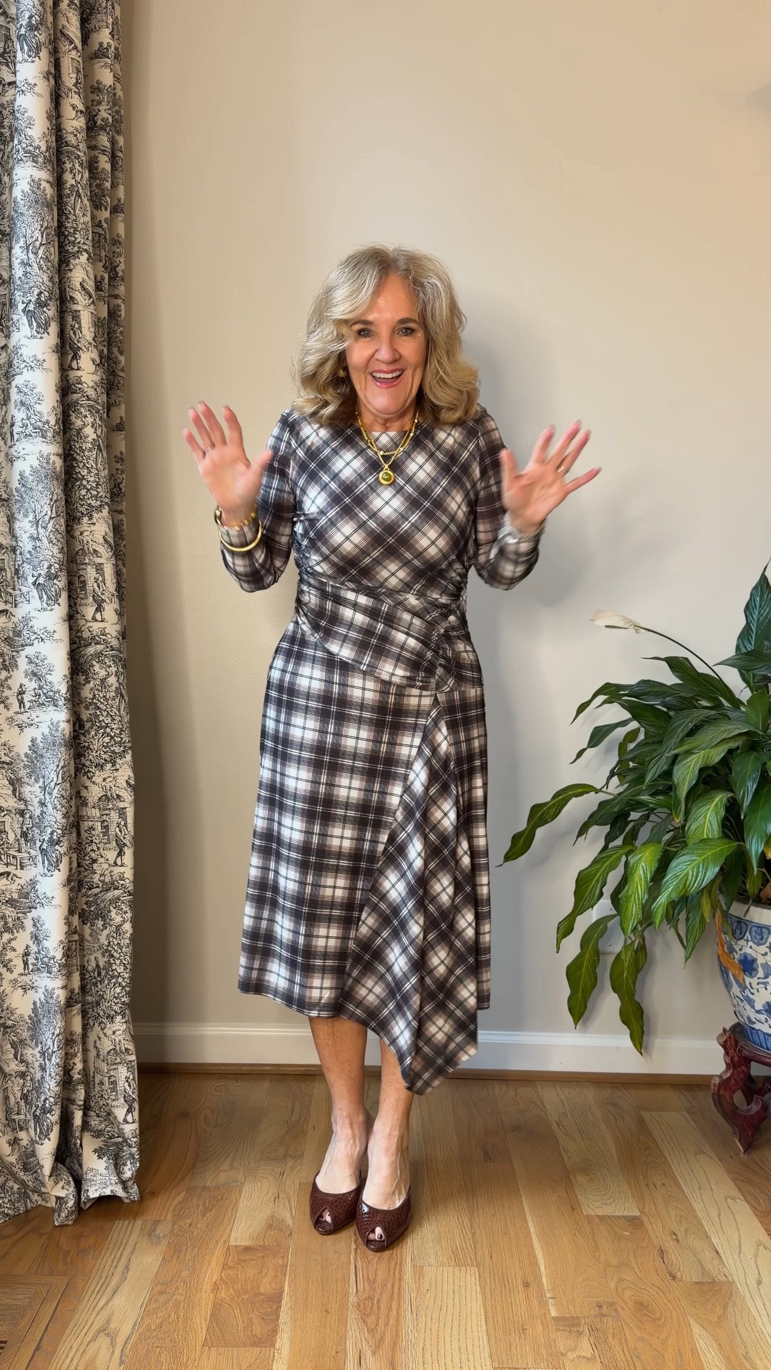 Dress size med. Added the quince wrap for warm during Sunday services