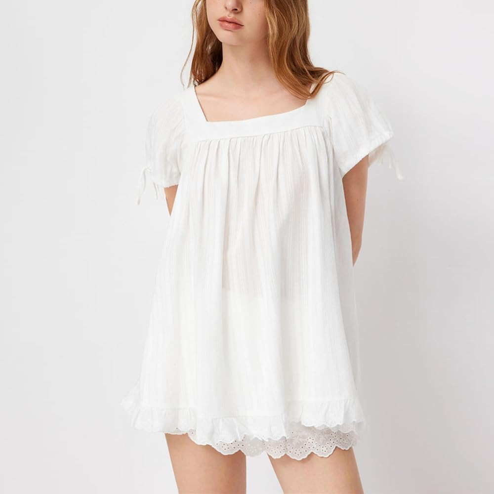 Womens Square Neck Blouse Short Sleeve Babydoll Ruffle Tops Oversized Cute Peplum Casual Top | Amazon (US)