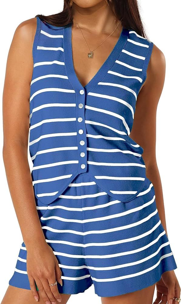 Womens 2 Piece Outfits Summer Knit Striped Matching Set Button Down V Neck Vest Shorts Sets | Amazon (US)