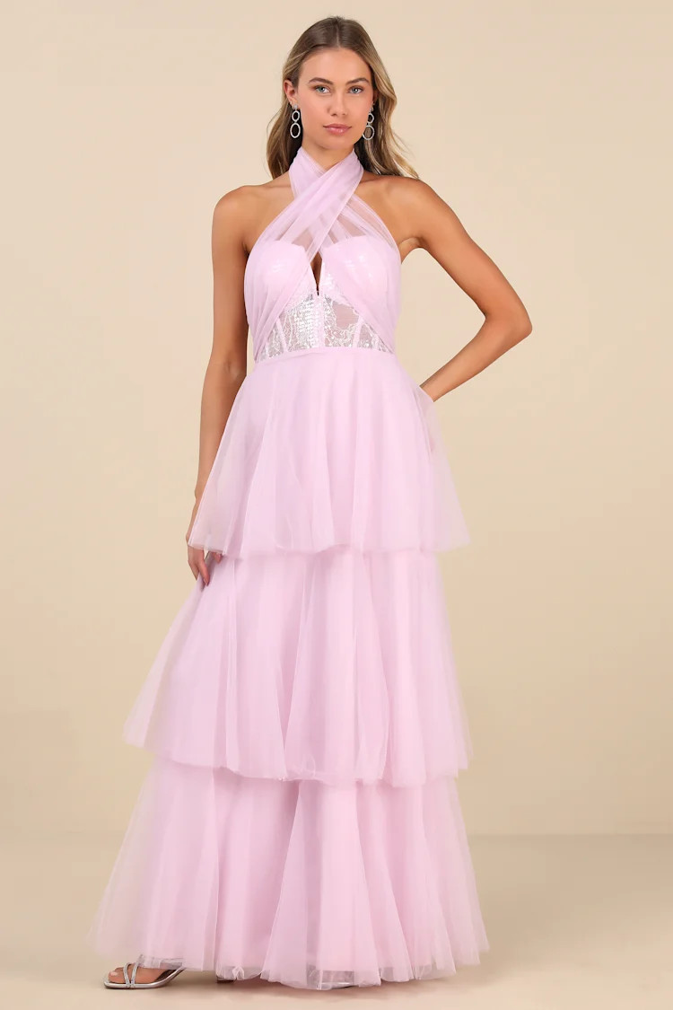 Camie Light Pink Tulle Sequin Bustier Maxi Dress | Lulus