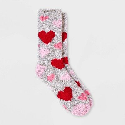 Women&#39;s Mixed Hearts Valentine&#39;s Day Cozy Crew Socks - Heather Gray 4-10 | Target